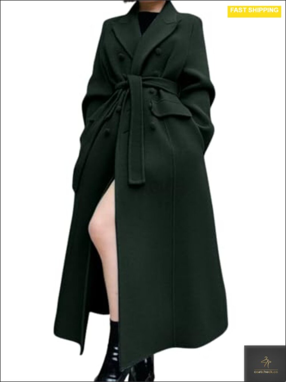 Wool Blend Double Breasted Pea Coat with Belt Long Winter Overcoat